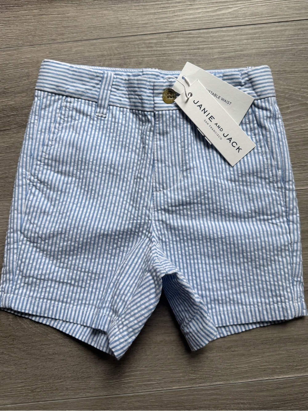 Janie and Jack Size 18-24 month blue & White stripe Seersucker Zip Front Shorts